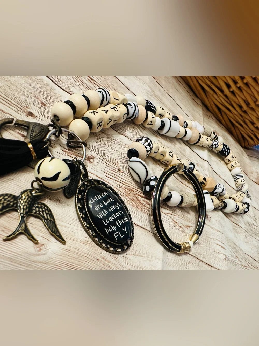 Teacher inspirational Black & Cream Beaded Lanyard & keychain charm/bracelet set